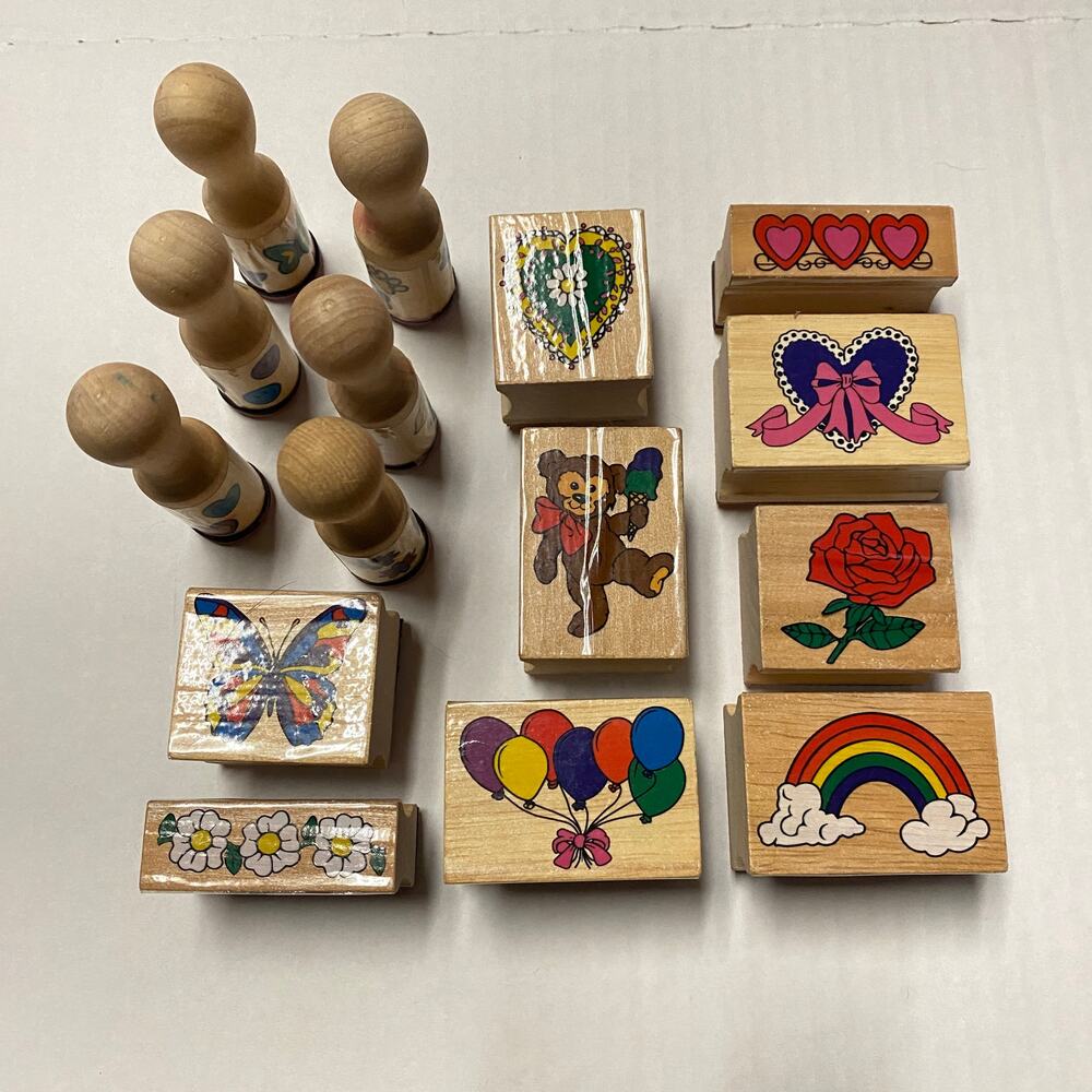 Bundle Lot of 15 Vintage Wood Stamps Heart Balloon Rainbow Butterfly Flower Bear